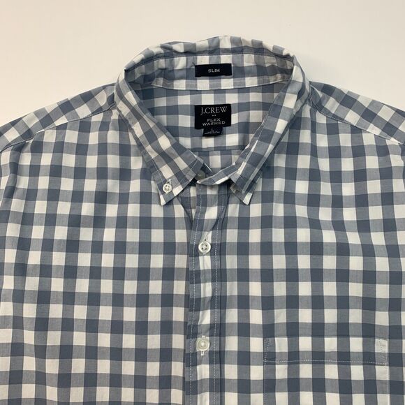 J Crew Slim Shirt Mens L Large Slate White Gingham Plaid Flex Washed Cotton - Picture 4 of 10